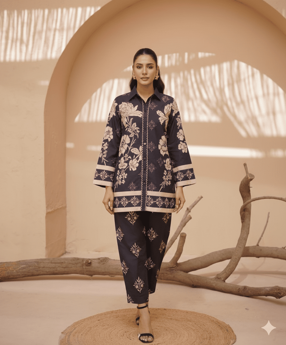 Midnight Blossom Printed Lawn Cord Set