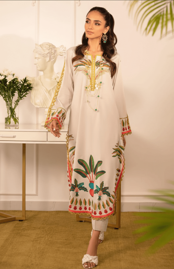 Tropical Garden Embroidered Look Kurta Set
