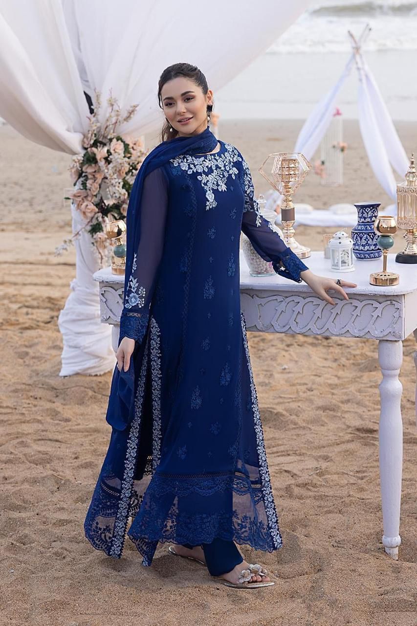 Azure Blue Embroidered Chiffon Unstitched 3pc set – code BHF02