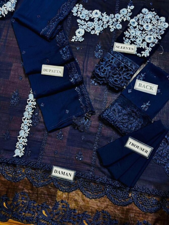 Azure Blue Embroidered Chiffon Unstitched 3pc set – code BHF02