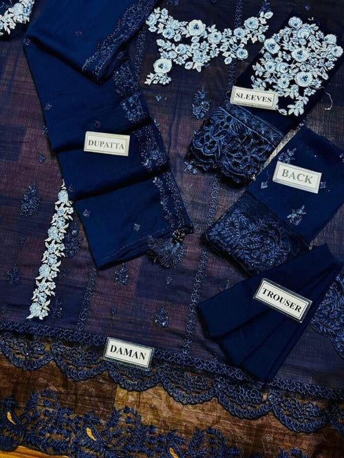 Azure Blue Embroidered Chiffon Unstitched 3pc set – code BHF02