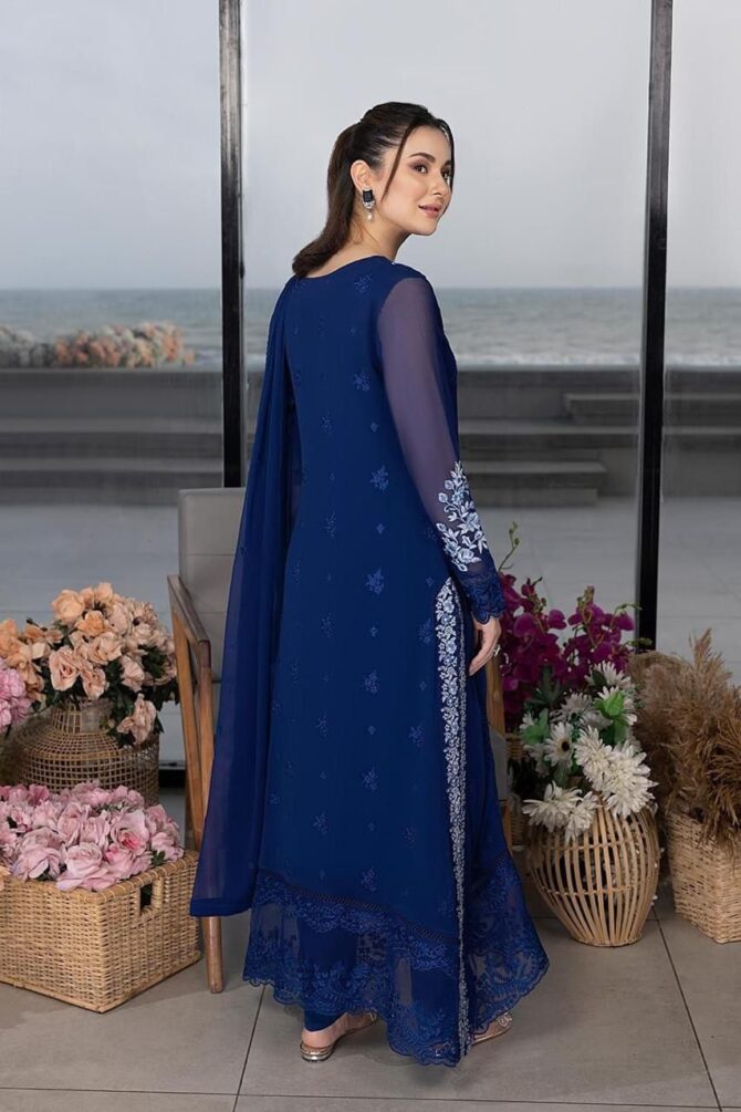 Azure Blue Embroidered Chiffon Unstitched 3pc set – code BHF02