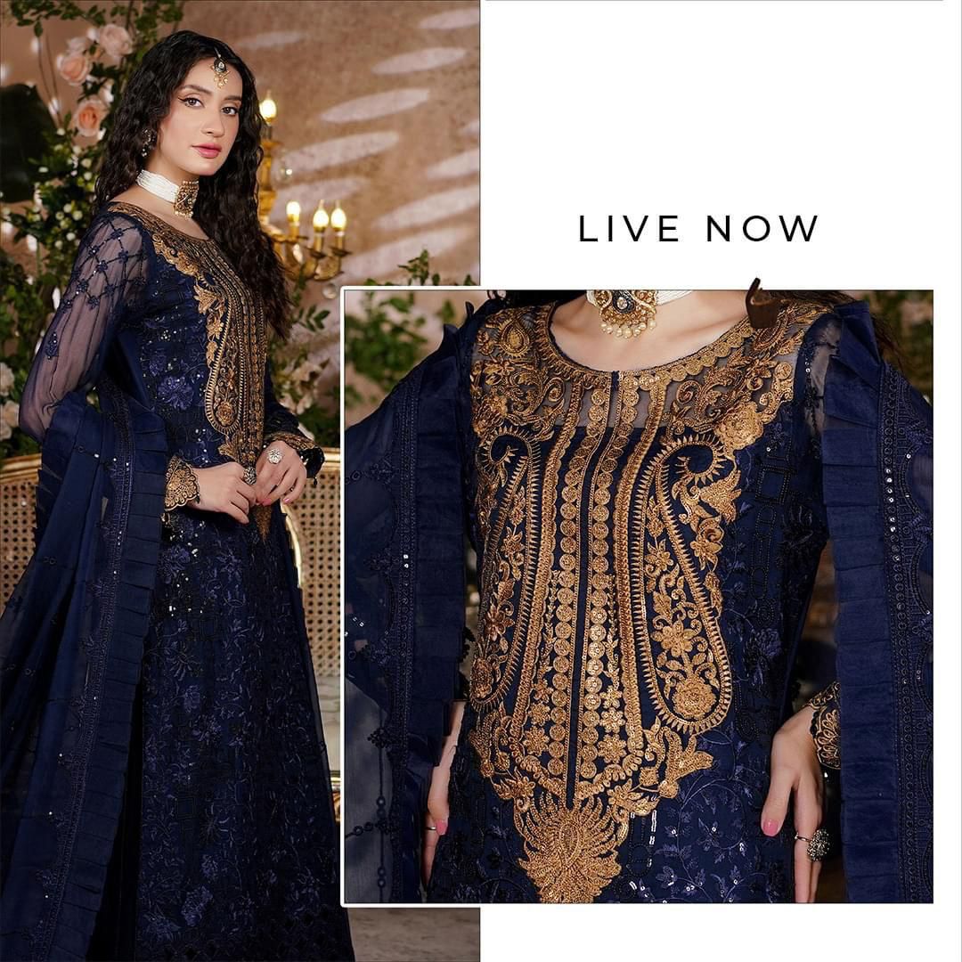 Maryam's Blue Embroidered 3pc Unstitched Suit-CODE BHF04