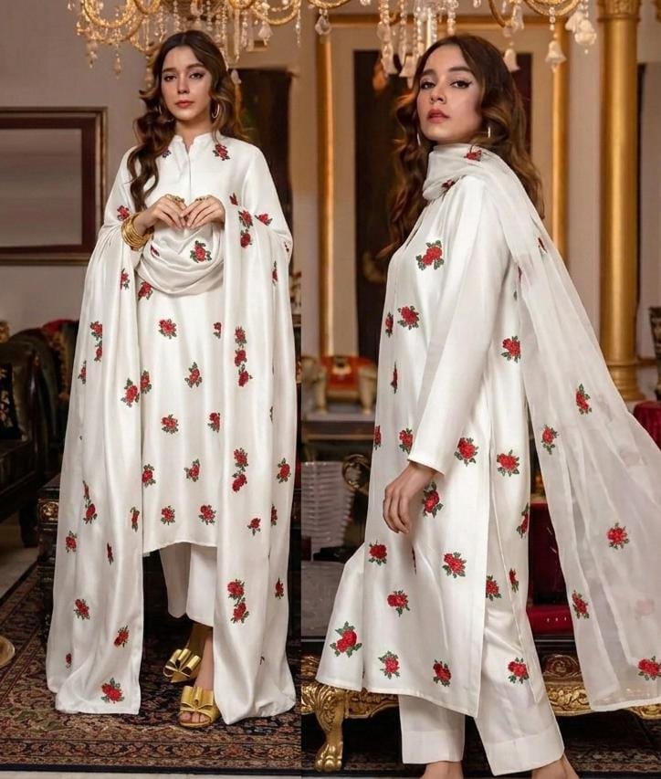 Rose embroidery design stitched 3pc suit CODE-BHS03