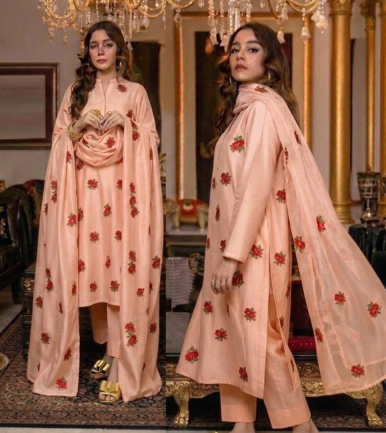 Rose embroidery design stitched 3pc suit CODE-BHS03