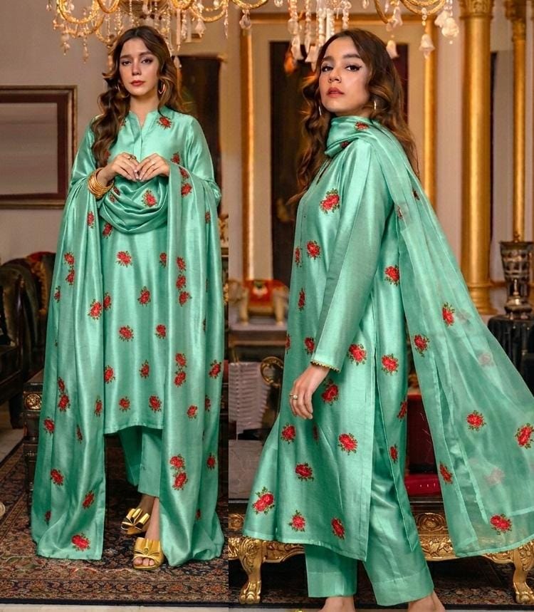 Rose embroidery design stitched 3pc suit CODE-BHS03
