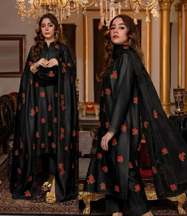 Rose embroidery design stitched 3pc suit CODE-BHS03