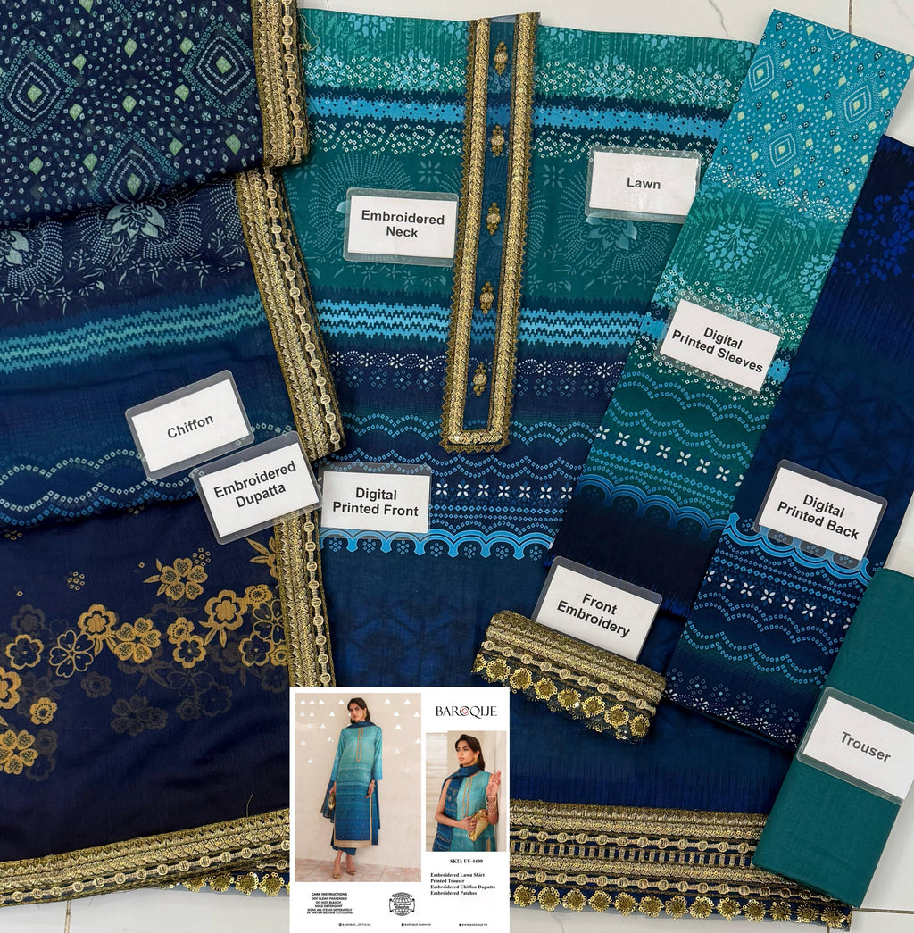 Baroque Printed lawn with embroidery patches 3pc CODE-BHL011