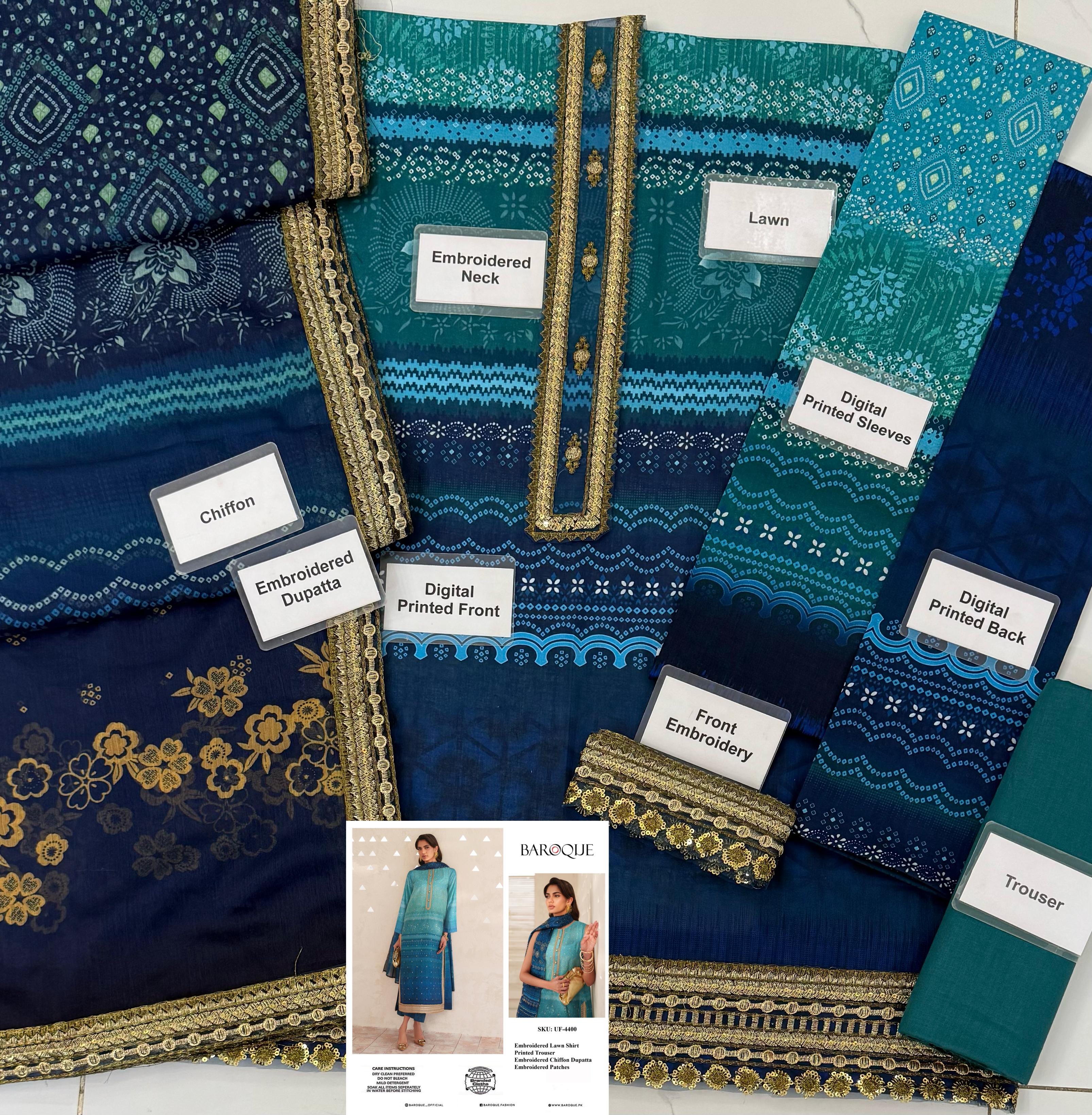 Baroque Printed lawn with embroidery patches 3pc CODE-BHL011