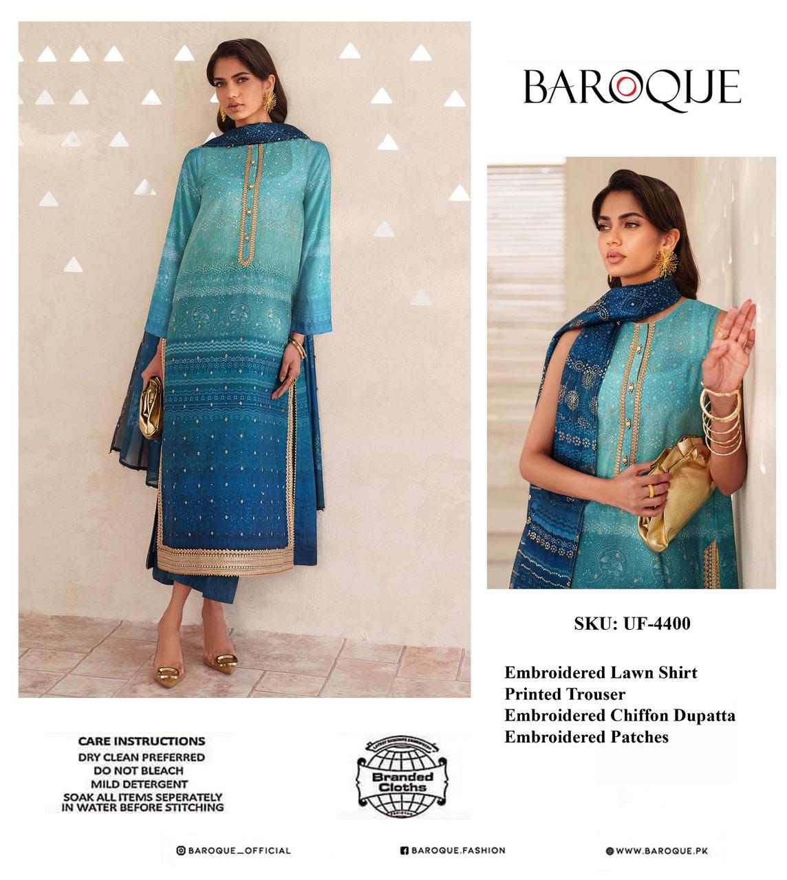 Baroque Printed lawn with embroidery patches 3pc CODE-BHL011